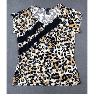 Bold Animal Print Ruffle Blouse Carole Little Women L Tan Black Short Sleeve